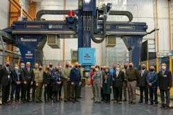 U.S. Sens. Susan Collins and Angus King, U.S. Department of Defense leadership, and University of Maine officials at an event celebrating the production of the world’s largest 3D-printed logistics vessel, Feb. 25, 2022.