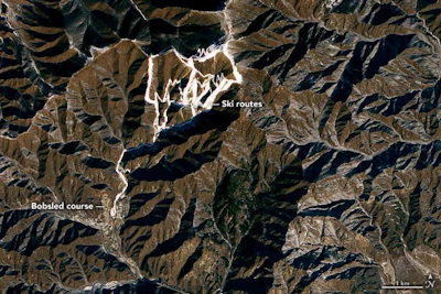 A satellite view clearly shows the absence of natural snow during the 2022 Winter Olympics. Beijing’s bid to host the Winter Games had explained how extensively it would rely on snowmaking.