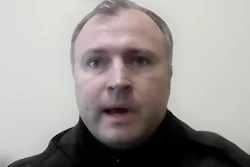 Victor Zhora, a top Ukrainian cybersecurity official, holds a news conference for international media from a bunker in Kyiv, March 4, 2022.
