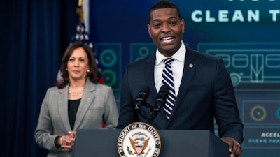 EPA Administrator Michael Regan, with Vice President Kamala Harris, speaks at the Eisenhower Executive Office Building on the White House complex, Washington, March 7, 2022.