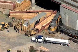 Image from video of emergency personnel at the site of a derailed Union Pacific freight train, Colton, Calif., March 21, 2022.