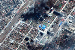 Satellite image showing burning buildings in Irpin, Ukraine, March 21, 2022.