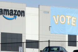 A banner encouraging workers to vote in labor balloting at an Amazon warehouse in Bessemer, Ala., March 30, 2021.
