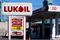 A Lukoil gas station sits in Newark, N.J., Thursday, March 3, 2022. Outraged by the invasion of Ukraine, the Newark City Council voted unanimously Wednesday to suspend the service stations’ operating licenses, citing Lukoil’s base in Moscow. In doing so, however, they may have predominantly been hurting Americans.