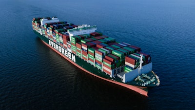 The container ship Ever Forward, which ran aground in the Chesapeake Bay off the coast near Pasadena, Md., the night before, is seen Monday, March 14, 2022.
