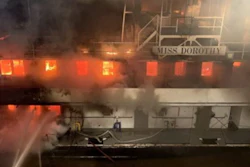 ​​​​Starboard side of the Miss Dorothy during firefighting efforts from the Good Samaritan towing vessel Christopher Wilson.
