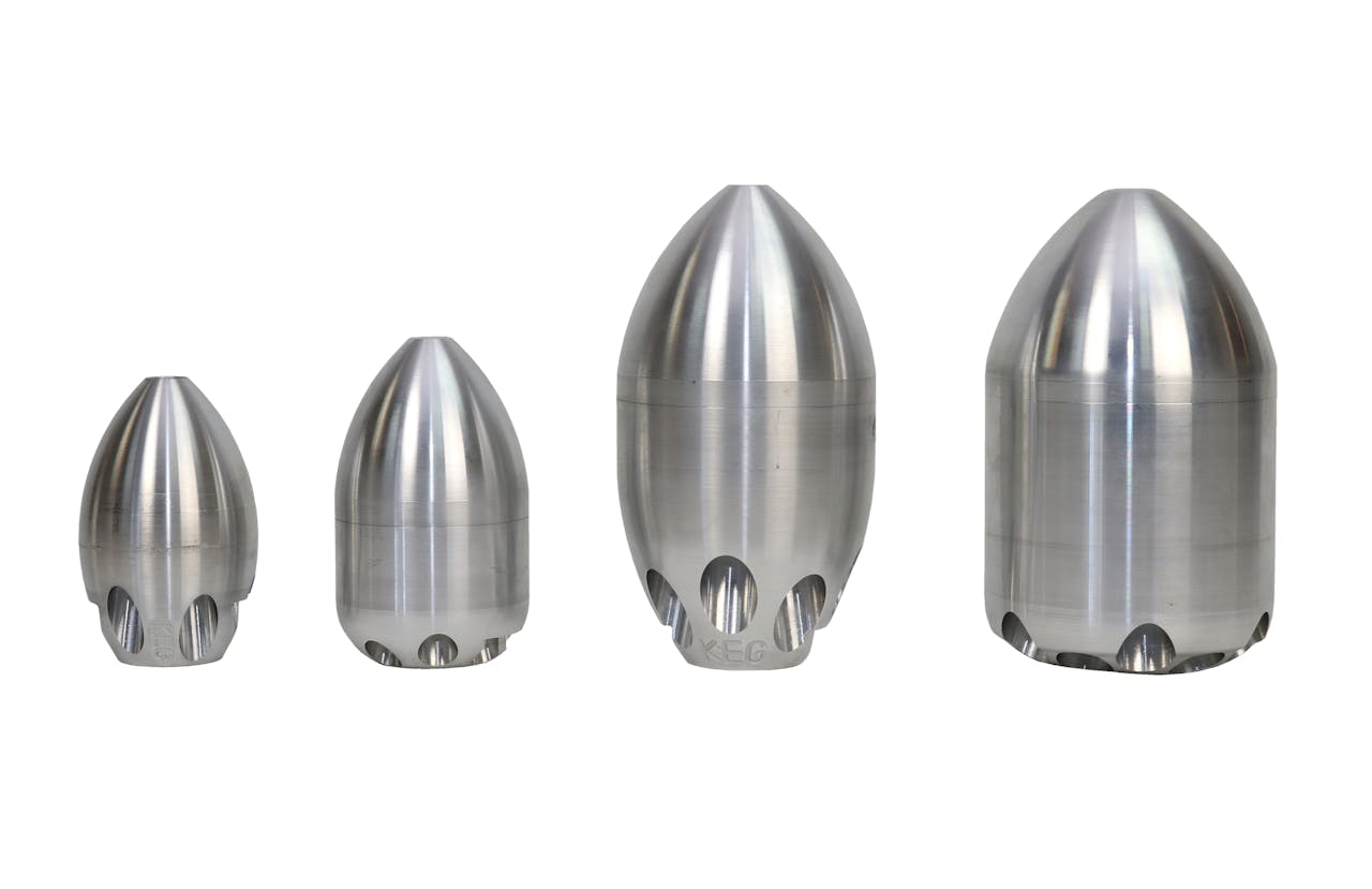 KEG's Torpedo Nozzle uses two different water jet angles to provide superior transport of sand, mud and debris from the floor of the pipe in diameters from 6 to 16 inches.