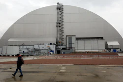 Shelter covering the exploded reactor at the Chernobyl nuclear plant, Chernobyl, Ukraine, April 15, 2021.