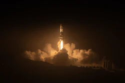 A SpaceX Falcon 9 rocket carrying National Reconnaissance Office mission (NROL-85) launches from Space Launch Complex-4 East at Vandenberg Space Force Base, Calif., on Sunday morning, April 17, 2022. NROL-85 is the first NRO mission to reuse a SpaceX rocket booster, and is the second Falcon 9 launch procured through the National Security Space Launch (NSSL) contract to launch from the Western Range. The Falcon 9's first stage booster returned and landed successfully at the California base's Landing Zone 4.