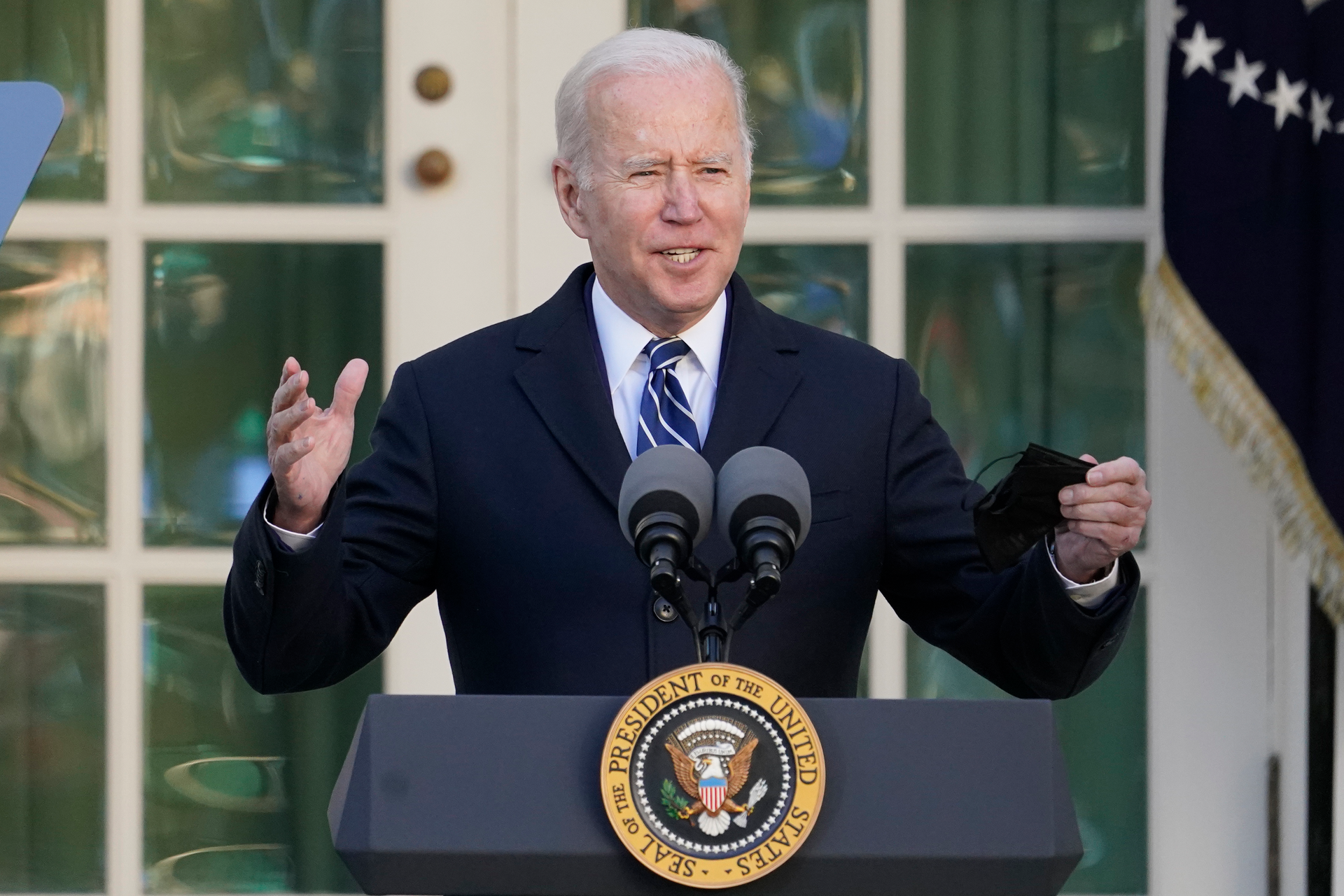 President Joe Biden speaks in the Rose Garden of the White House, in Washington, Nov. 19, 2021. Biden's administration is taking steps to expand availability of the life-saving COVID-19 antiviral treatment Paxlovid. It's trying to reassure doctors that there is ample supply for people at high risk of severe illness or death from the virus.