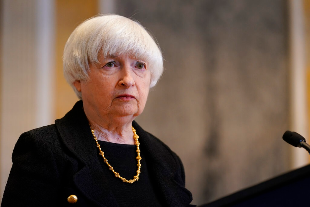 Treasury Secretary Janet Yellen listens to a question during a news conference at the Treasury Department in Washington, Thursday, April 21, 2022.