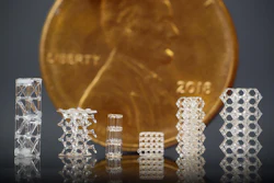 Researchers at UC Berkeley have developed a new way to 3D-print glass microstructures, including these 3D printed glass lattices, which are displayed in front of a U.S. penny for scale.