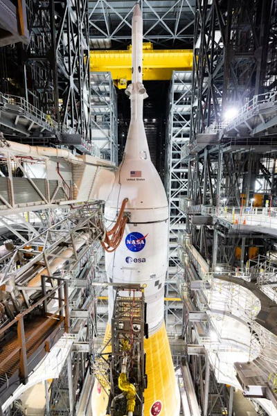 The Launch Abort System atop NASA’s Orion spacecraft and the Space Launch System rocket for Artemis I.