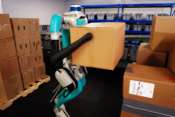 Digit, Agility Robotics' robot, moving packages full of sorted goods inside a warehouse.