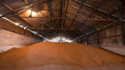 A wheat warehouse belonging to Ivan Kilgan, head of the regional agricultural association village, in Luky village, in western Ukraine, on March 25, 2022. The northwestern Lviv region near the border with Poland, far from the heart of what is known as Ukraine's breadbasket in the south, is being asked to plant all the available fields it can, said Kilgan. How to prevent food insecurity and skyrocketing prices globally as Russia continues its war in Ukraine will be the marquee topic of discussion at the IMF and World Bank Spring Meetings in Washington.