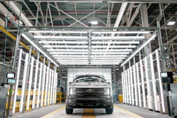 The F-150 Lightning is being produced in the first Ford plant without traditional in-floor conveyor lines, which instead uses robotic Autonomous Guided Vehicles.