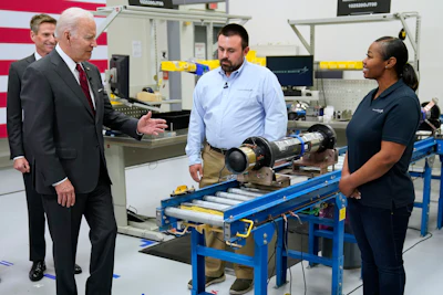 President Joe Biden speaks during tour of the Lockheed Martin Pike County Operations facility where Javelin anti-tank missiles are manufactured, Tuesday, May 3, 2022, in Troy, Ala.