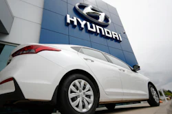 An unsold 2019 Accent sedan sits at a Hyundai dealership in Littleton, Colo. on Sunday, May 19, 2019. Korean automaker Hyundai is recalling 239,000 cars because the seat belts can explode and injure vehicle occupants. The recall, which expands and replaces three previous recalls, includes 2019-2022 Accents, 2021-2023 Elantras and 2021-2022 Elantra HEVs, or hybrid electric vehicles. Owners will be able to take their recalled vehicles to dealerships where the seat belt pretensioners will be fit with a cap at no cost.