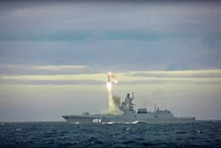 In this image taken from video released by Russian Defense Ministry Press Service on Saturday, May 28, 2022, a new Zircon hypersonic cruise missile is launched by the frigate Admiral Gorshkov of the Russian navy from the Barents Sea. Russia's Defense Ministry said the Russian navy successfully launched a new hypersonic missile from the Barents Sea. The ministry said the recently developed Zircon hypersonic cruise missile had struck its target about 1,000 kilometers away.