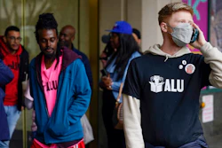 Members and supporters of the Amazon Labor Union stand outside an office of the National Labor Relations Board after a count of votes for unionization was concluded in New York, Monday, May 2, 2022.