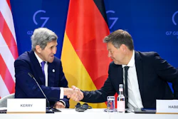 German Economy and Climate Minister Robert Habeck, right, and John Kerry, left, Special Envoy of the U.S. President for Climate, shake hands after they signed a declaration of intent to establish a German-American climate and energy partnership between the United States of America and Germany at the meeting of the G7 Ministers for Climate, Energy and Environment in Berlin, Germany, Monday, May. 27, 2022.