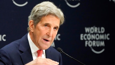 John F. Kerry, Special Presidential Envoy for Climate of the United States, gestures during a news conference at the World Economic Forum in Davos, Switzerland, Tuesday, May 24, 2022. The annual meeting of the World Economic Forum is taking place in Davos from May 22 until May 26, 2022.