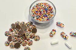 Chocolate drops covered with candy nonpareils (left), a bowl of colorful candy nonpareils (center), pharmaceutical caplets coated with nonpareils (right).