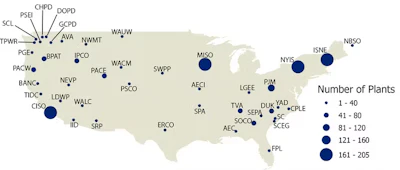 Balancing authorities and the number of hydropower plants in each.