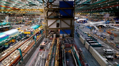 Boeing's 777 line, left, and 787 line at the Everett Production Facility in Everett, Wash., June 15, 2022.