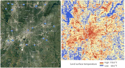 The image on the right shows the surface urban heat island of Indianapolis in July 2019. Note the higher-density built areas in red are much warmer than the cooler, more vegetated areas in blue.