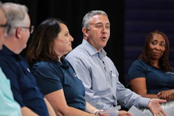 Dave Nowicki and other Ford Motor Co. team members speak during a panel discussion on the automaker's planned electric truck factory, at Haywood High School, Tuesday, June 21, 2022, in Brownsville, Tenn.