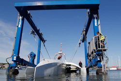 The sleek autonomous trimaran docked in Halifax, Nova Scotia on Sunday, June 5, 2022, after more than five weeks crossing the Atlantic Ocean from England, according to tech company IBM, which helped build it.