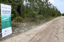 A banner welcomes Hyundai Motor Group to their future home at the Bryan County mega-site in Ellabell, Ga., Friday, May 20, 2022. Georgia officials are close to finalizing a deal with the automaker to build a $5.5 billion electric car plant near Savannah, Ga. An economic development agency representing four Savannah-area counties approved its portions of the agreement Tuesday, July 19, 2022, including an economic incentives package.