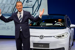 In this Monday, Sept. 9, 2019, file photo, CEO of Volkswagen Herbert Diess introduces the new VW ID.3 at the IAA Auto Show in Frankfurt, Germany. Volkswagen has announced that the CEO of the German automaker is stepping down. The company said Friday that Herbert Diess will depart as of Sept. 1 “by mutual consent” with the board. His contract was set to expire in 2025.