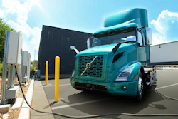 A Volvo VNR Electric charges at the high-powered chargers available to fleets at TEC Equipment, Fontana.