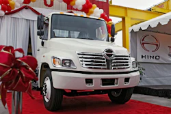 The first Hino truck assembled in North America is unveiled Tuesday, Oct. 19, 2004, at the Toyota's longest operating U.S. manufacturing facility, TABC, Inc. in Long Beach, Calif. Hino Motors, a truck maker that’s part of the Toyota group, systematically falsified emissions data, dating back as far back as 2003, according to a special investigation disclosed Tuesday, Aug. 2, 2022.