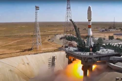 In this handout photo taken from video released by Roscosmos on Tuesday, Aug. 9, 2022, a Russian Soyuz rocket lifts off to carry Iranian Khayyam satellite into orbit at the Russian leased Baikonur cosmodrome near Baikonur, Kazakhstan. A Russian rocket has successfully launched an Iranian satellite into orbit. The Soyuz rocket lifted off as scheduled at 8:52 a.m. Moscow time (0552 GMT) Tuesday from the Russia-leased Baikonur launch facility in Kazakhstan.