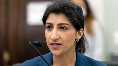 Lina Khan, then-nominee for Commissioner of the Federal Trade Commission (FTC), speaks during a Senate Committee on Commerce, Science, and Transportation confirmation hearing on Capitol Hill in Washington, April 21, 2021.