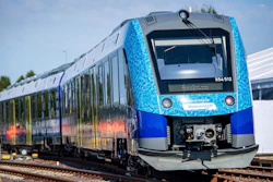 A hydrogen-powered regional train stands at Bremervoerde station, Germany, Wednesday, Aug. 24, 2022. In the fight against climate change, 14 hydrogen trains are to replace the current diesel trains. In Bremervoerde, a trial operation with two prototypes ran successfully between fall 2018 and February 2020.