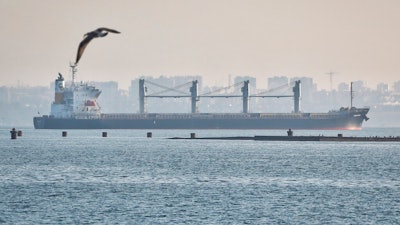 The ship Navi-Star carrying a load of corn starts its way from the port in Odesa, Ukraine, Friday, Aug. 5, 2022. Ukraine is a major global grain supplier but the war had blocked most exports, so the July 22 deal aimed to ease food security around the globe. World food prices have been soaring in a crisis blamed on the war, supply chain problems and COVID-19.