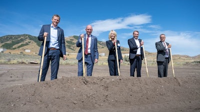 From left to right: Congressman Blake Moore; Governor Spencer Cox; Wendy Williams; Chris Ellerhorst, vice president, Kuiper Program, United Launch Alliance; John Slaughter, senior director, Commercial Programs, Northrop Grumman.