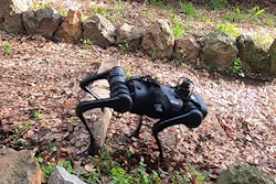 The Machine Common Sense robot walks across slippery leaf-covered steps using only proprioceptive feedback and no vision system to help it maneuver.