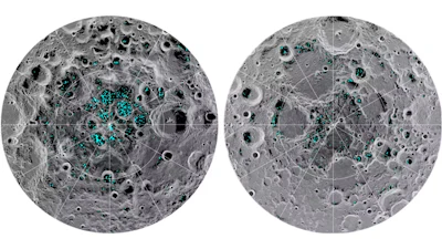 Water is one of the most valuable resources on the Moon and is mostly located in craters at the south pole, left, and north pole, right. The blue in the images represents areas of surface ice.