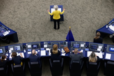 Dressed in the colors of Ukraine, European Union Commission Chief Ursula von der Leyen delivers her State of the European Union address, Wednesday, Sept. 14, 2022 at the European Parliament in Strasbourg, eastern France.