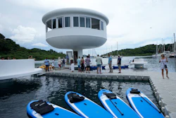 A SeaPod Eco prototype, the first of a futuristic line of homes built over water, is shown to the press in Linton Bay Marina, Panama, Thursday, Sept. 22, 2022.