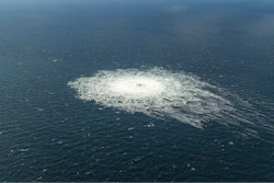 A large disturbance in the sea can be observed off the coast of the Danish island of Bornholm Tuesday, Sept. 27, 2022 following a series of unusual leaks on two natural gas pipelines running from Russia under the Baltic Sea to Germany have triggered concerns about possible sabotage.