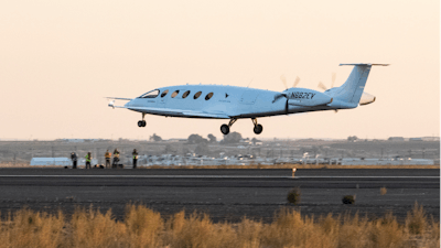 Alice, an all-electric airplane designed and built by Eviation, takes off in Moses Lake, Wash., for its first flight Tuesday, Sept. 27, 2022.