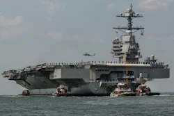 The aircraft carrier USS Gerald R. Ford heads to the Norfolk, Va., naval station on April 14, 2017.