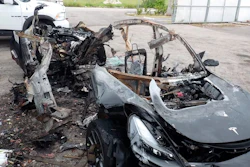 This image provided by the National Transportation Safety Board shows damage to a 2021 Tesla Model 3 Long Range Dual Motor electric car following a crash in September, 2021, in Coral Gables, Fla.