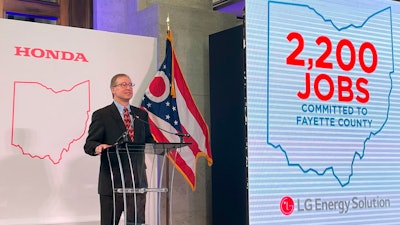 Bob Nelson, executive vice-president of American Honda Motors, Co., Inc., announces the automaker’s plans for a $3.5 billion joint-venture battery factory and investing over $700 million in electric vehicle manufacturing in rural southern Ohio during a news conference at the Ohio Statehouse in Columbus, Ohio, on Tuesday, Oct. 11, 2022.